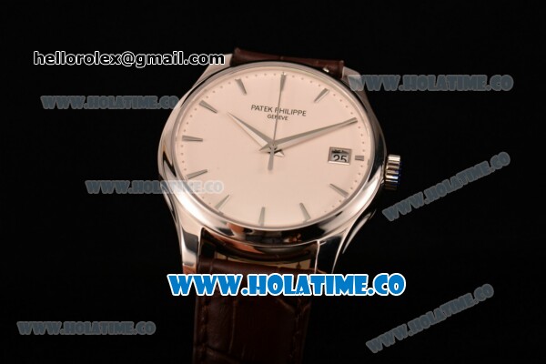 Patek Philippe Calatrava Miyota 9015 Automatic Steel Case with White Dial and Brown Leather Strap - Silver Stick Markers - Click Image to Close